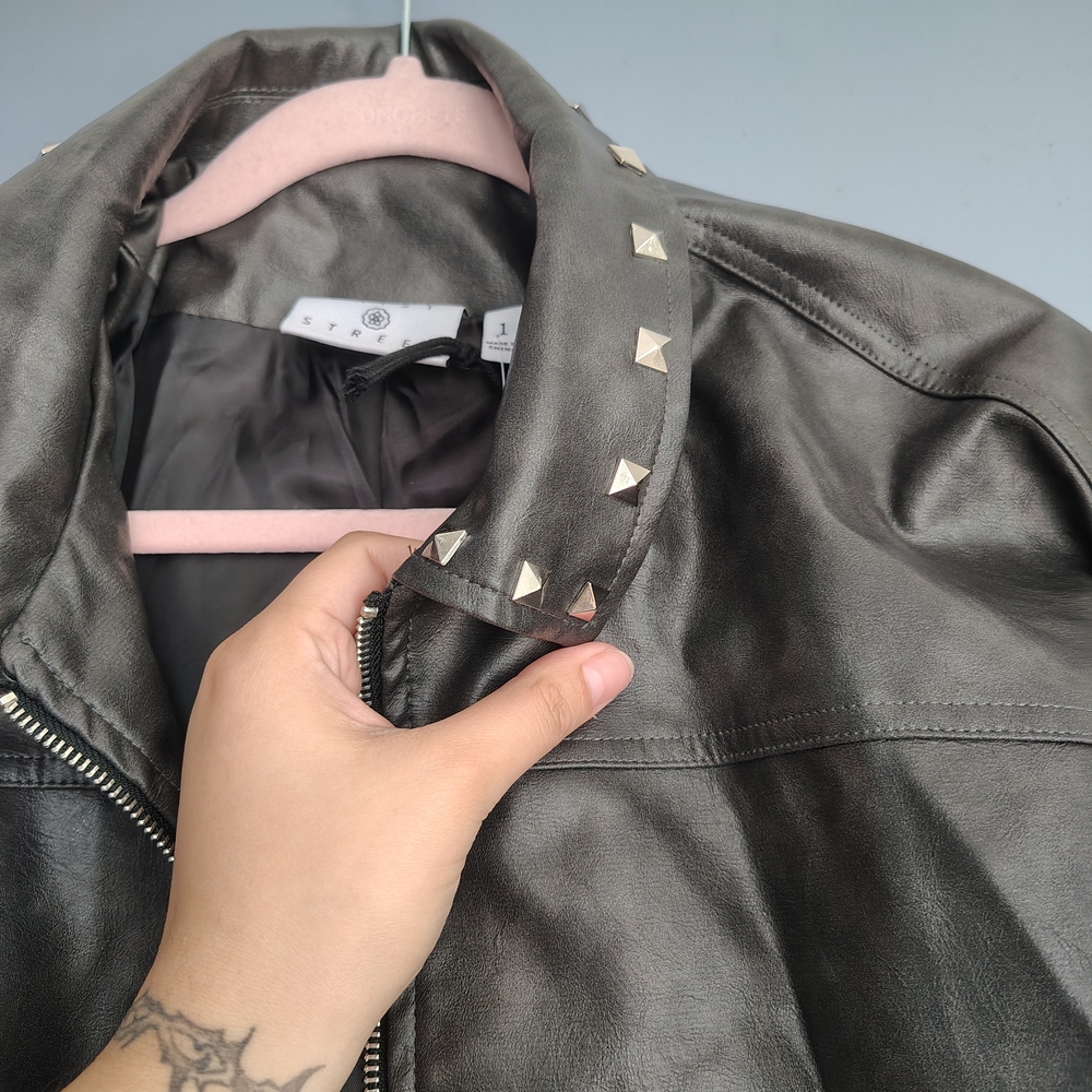 Women's Black Leather Jacket with Studded Collar - Picture 5 of 6